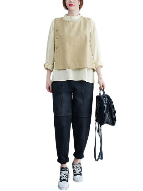 flowersverse Original Stand Collar Long Sleeves T-Shirt Top&Buttoned Vest Outwear 2 Pieces Set