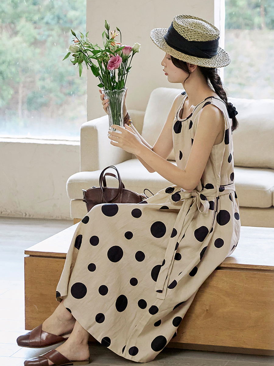 flowersverse Plus Size Women Summer Casual Dot Drawstring Linen Vest Dress