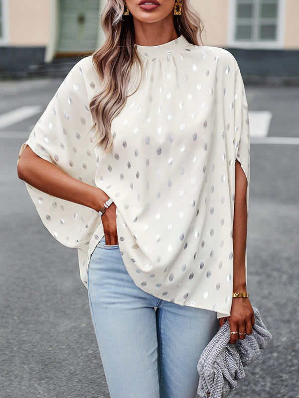 flowersverse Bandage Polka Dot Loose Round-Neck Blouses&Shirts Tops