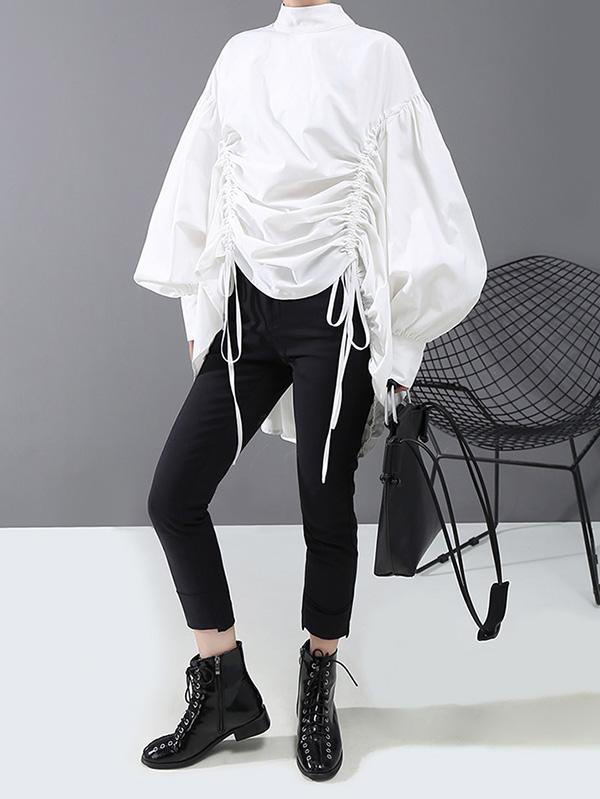 flowersverse Drawstring Cropped Loose Stand Collar Shirt