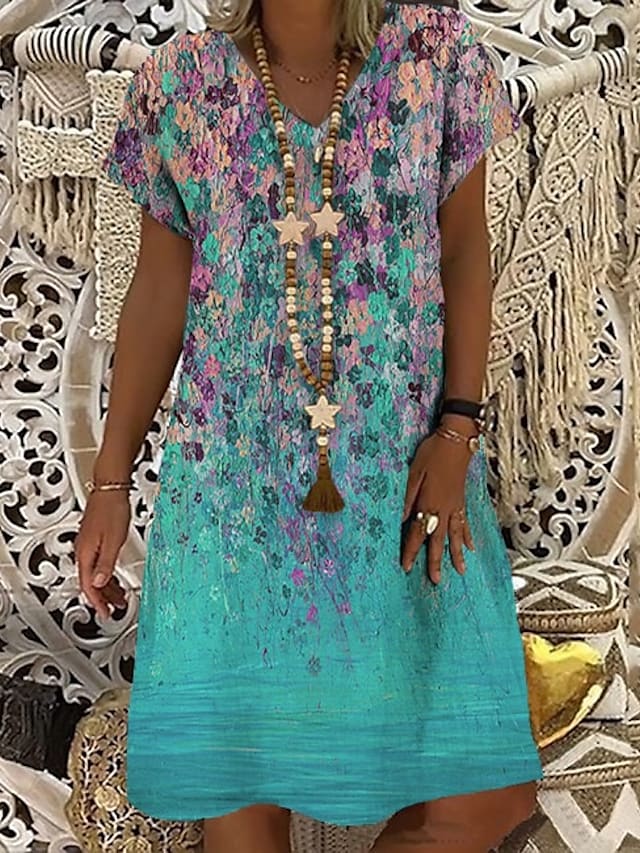 flowersverse Women's Shift Dress Midi Dress Blue Green Light Blue Short Sleeve Floral Print Spring Summer V Neck Casual S M L XL XXL 3XL