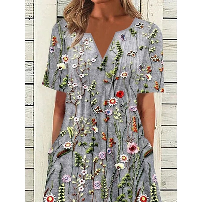 flowersverse Women's Casual Dress Summer Dress Print Dress Floral Pocket Print V Neck Midi Dress Active Fashion Outdoor Daily Short Sleeve Loose Fit Gray Spring Summer S M L XL XXL