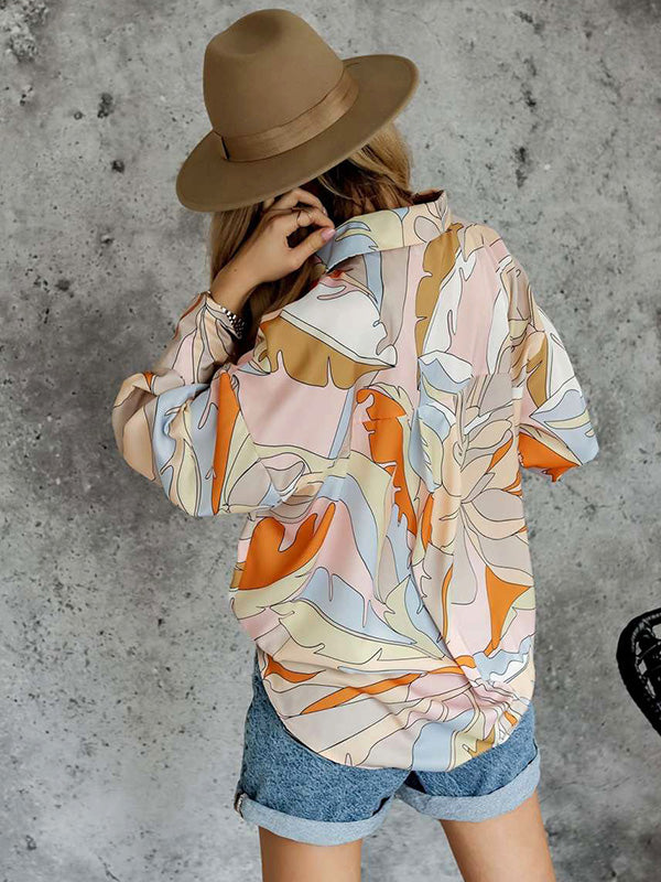 flowersverse Casual Loose Printed Lapel Collar Blouses&Shirts Tops