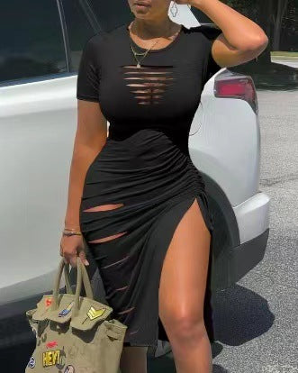 flowersverse Women Sexy Round Neck Short Sleeve Ripped Slit Gathered Dress