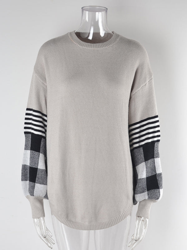 flowersverse Casual Long Sleeves Loose Checkered Round-Neck Sweater Tops