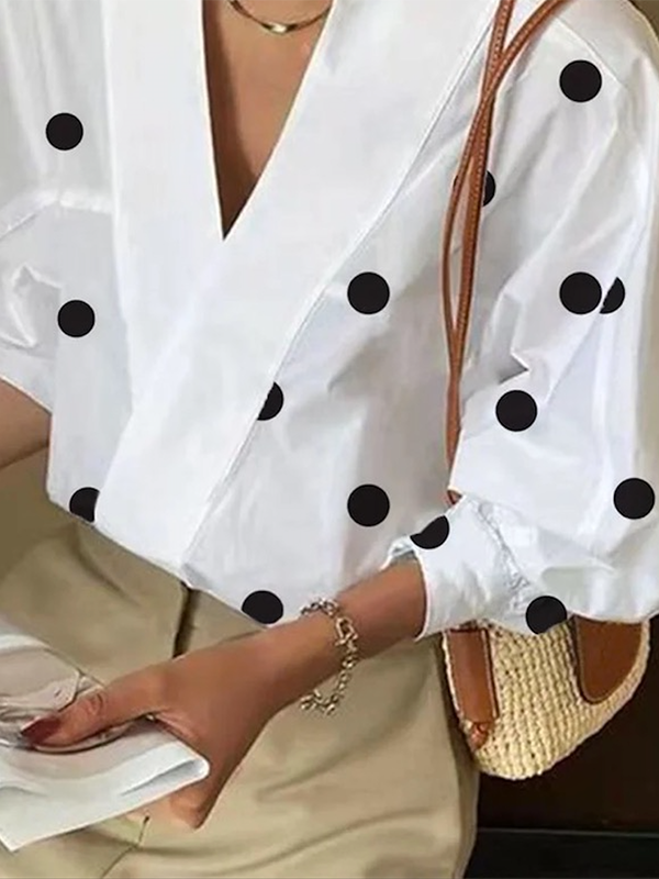 flowersverse Loose Puff Sleeves Polka-Dot Lapel Collar Blouses&Shirts Tops
