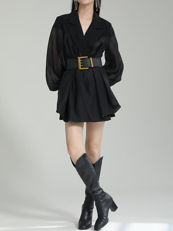 flowersverse See-Through Split-Joint Tied Waist Loose Puff Sleeves Lapel Blouses&Shirts Tops