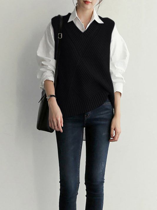 flowersverse Casual Sleeveless Loose Solid Color V-Neck Vest Outerwear