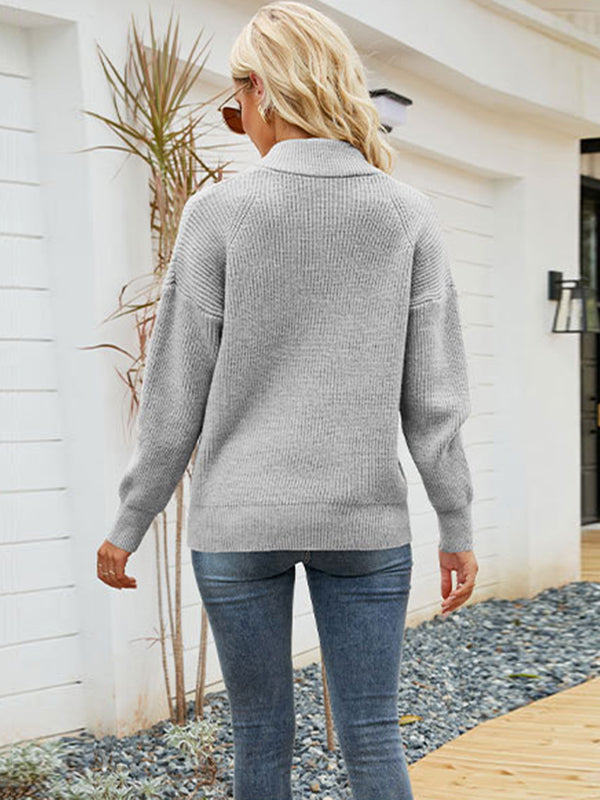 flowersverse Stylish Loose Solid Color& Contrast Color Striped Lapel Collar Sweater Tops
