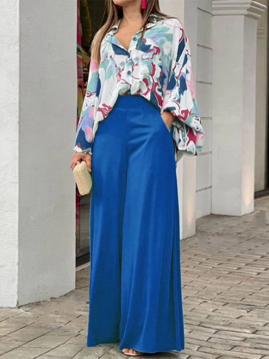flowersverse Original Contrast Color Blouse&Solid Wide Legs Pants 2 Pieces Set