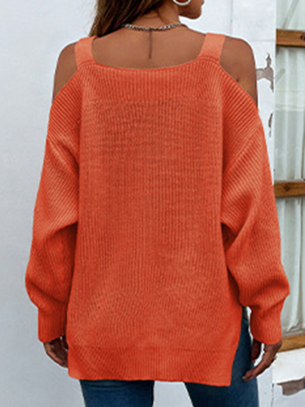 flowersverse Long Sleeves Split-Side Solid Color Off-The-Shoulder Sweater Tops