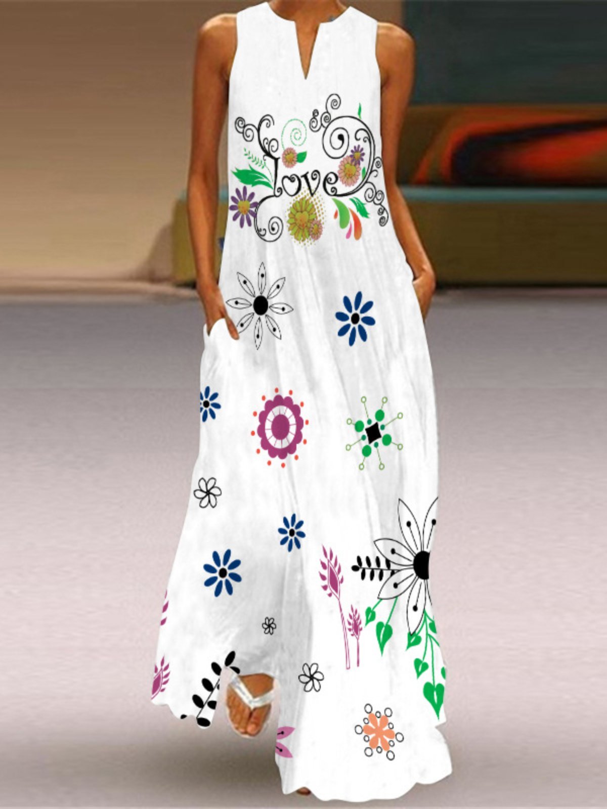 flowersverse Vintage Floral Printed Statement Plus Size Sleeveless V Neck Casual Knitting Dress