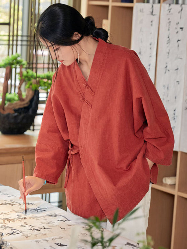 flowersverse Vintage Long Sleeves Loose Buttoned Tied Solid Color V-Neck Outerwear