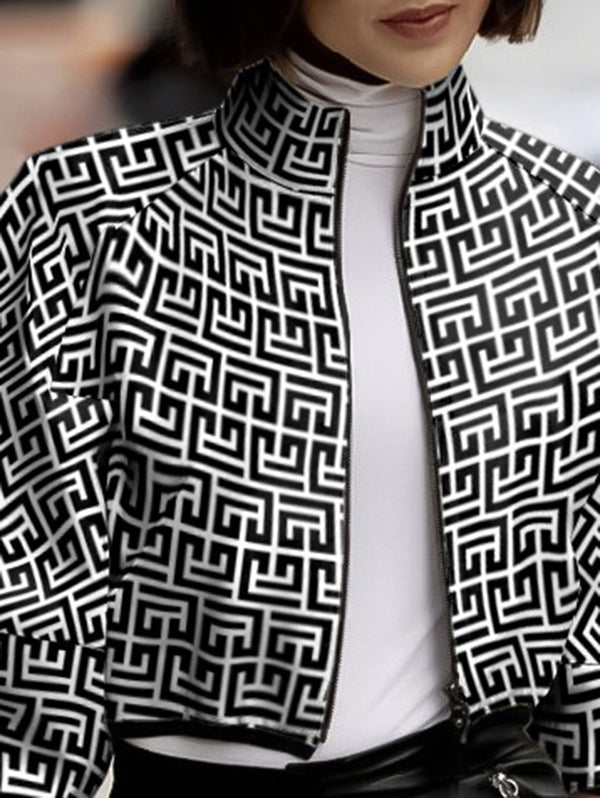 flowersverse Printed Loose Puff Sleeves Stand Collar Outerwear