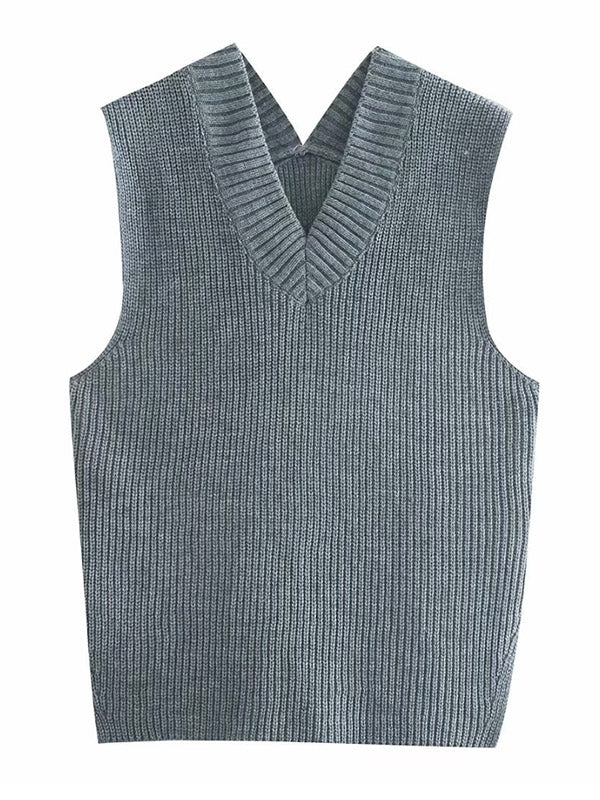 flowersverse 4 Colors V-Neck Simple Split-Side Sleeveless Knitted Vest