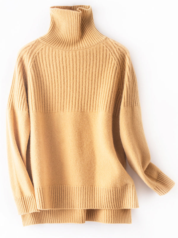 flowersverse Casual Long Sleeves Loose Solid Color High-Neck Sweater Tops