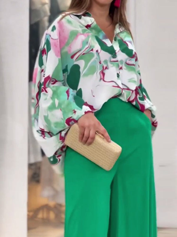 flowersverse Original Contrast Color Blouse&Solid Wide Legs Pants 2 Pieces Set