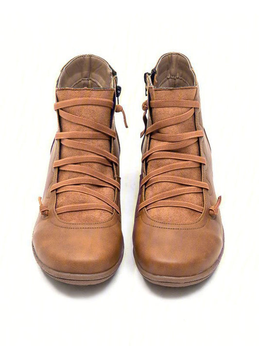 flowersverse Women Leather Flat Heel PU Boots