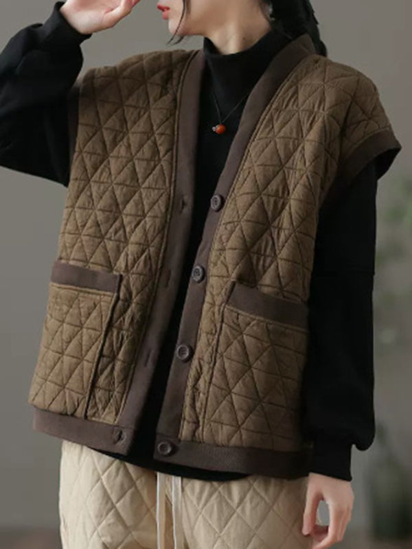 flowersverse Simple Loose Sleeveless Buttoned Quilted Solid Color V-Neck Vest Outerwear