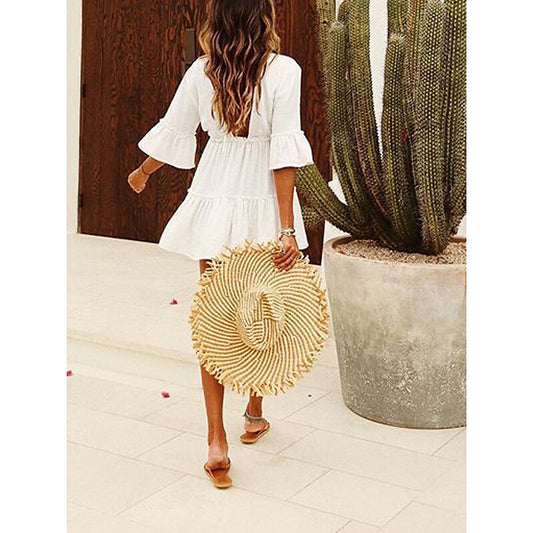 flowersverse Women's Cover Up Beach Dress Beach Wear Mini Dress Ruched Backless Basic Fashion Plain V Neck 3/4 Length Sleeve Loose Fit Outdoor Daily White Spring Summer One Size