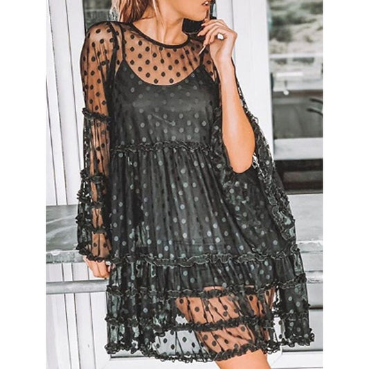 flowersverse Women's Cover Up Beach Dress Beach Wear Mini Dress Ruffle Mesh Casual Polka Dot Crewneck Long Sleeve Loose Fit Outdoor Daily Black White Spring Summer S M L XL