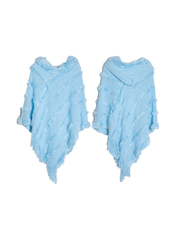 flowersverse Hooded Keep Warm Solid Color Tasseled Shawl&Cloak Cape
