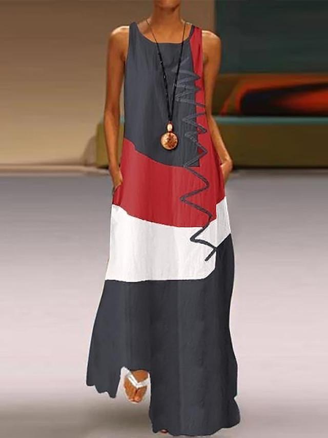 flowersverse Women's A-Line Dress Maxi long Dress - Sleeveless Color Block Patchwork Summer Plus Size Casual Holiday Vacation White Red Khaki Dusty Blue S M L XL XXL XXXL XXXXL XXXXXL