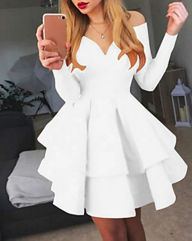flowersverse Women's A-Line Dress Short Mini Dress Long Sleeve Solid Colored Layered Fall Spring Hot Sexy White Black Red White Dresses