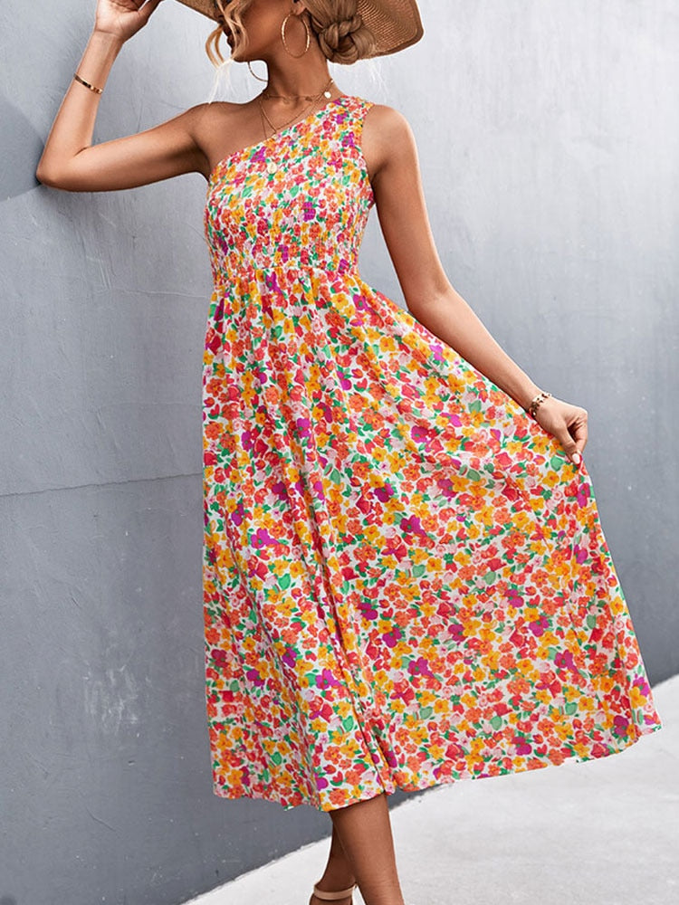 flowersverse Fashionkova Summer Maxi Boho Dress Women One Shoulder Long Floral Dress Ladies Elegant Print Bohemian Flower Dress For Women