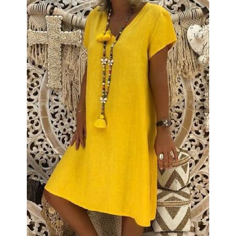flowersverse Women's Casual Dress T Shirt Dress Tee Dress Shift Dress Midi Dress Black Yellow Pink Short Sleeve Pure Color Patchwork Spring Summer V Neck Basic Daily Vacation Summer Dress Loose Fit S M L XL