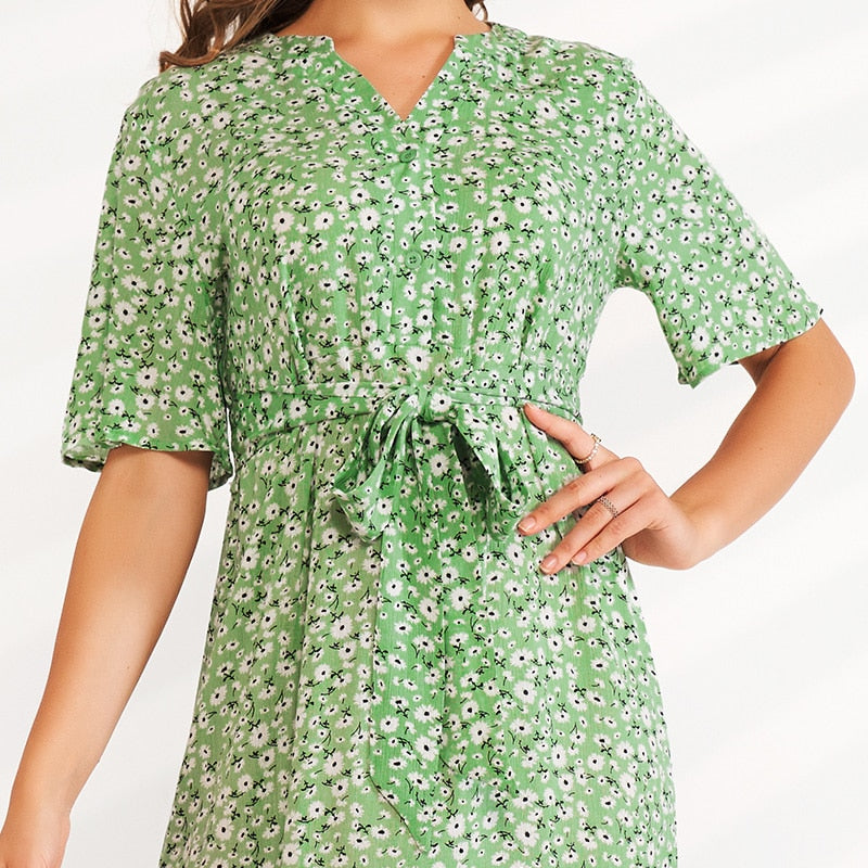 flowersverse Summer New Fashion Women's Short-sleeved Floral V-neck Loose Elegant Belt Decorative Buckle Long Sweet and Versatile Dress