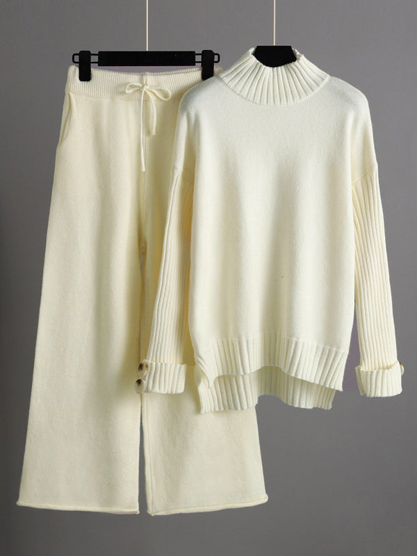 flowersverse Urban Long Sleeves Solid Color Half Turtleneck Sweater Tops & Wide Leg Pants Two Pieces Set