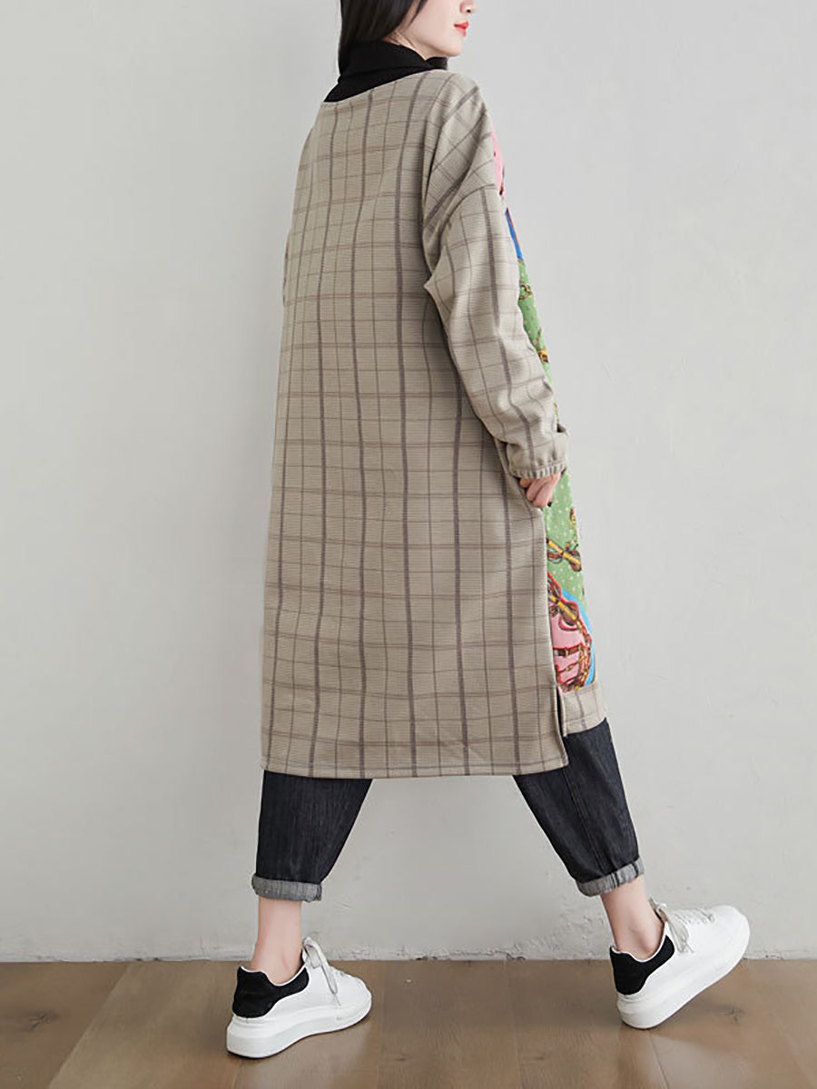 flowersverse Women Fashion Spliced Plaid Winter Fleece-lined Dress