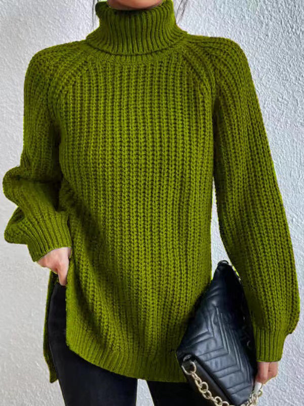 flowersverse Solid Color Split-side Long Sleeves Loose High Neck Sweater Tops Pullovers