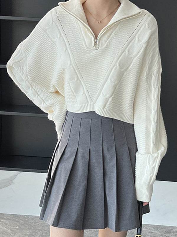 flowersverse Simple Batwing Sleeves Long Sleeves Jacquard Solid Color Lapel Collar Sweater Tops