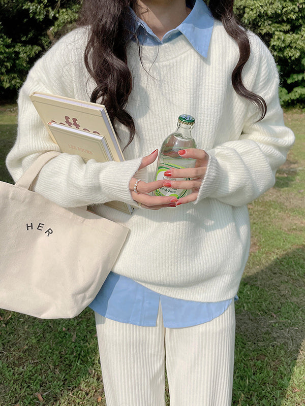 flowersverse Solid Color Long Sleeves Loose Round-Neck Sweater Tops Pullovers