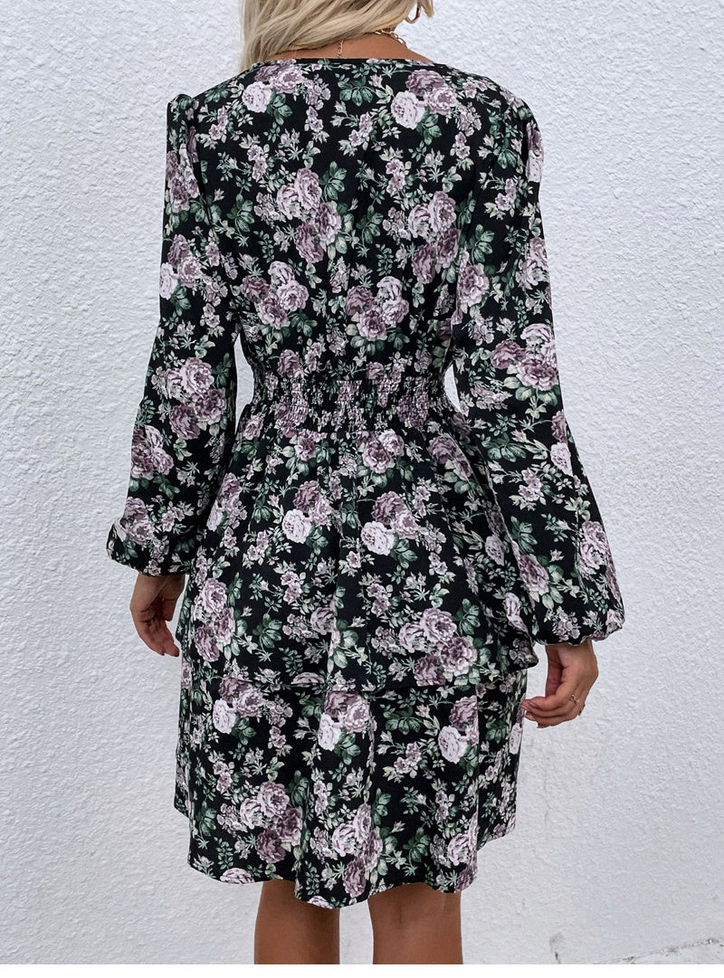 flowersverse Women Spring Fall V Neck Long Sleeve Floral A Line Dress For Ladies Fashion Puff Sleeve Printed All Match Waist Dress