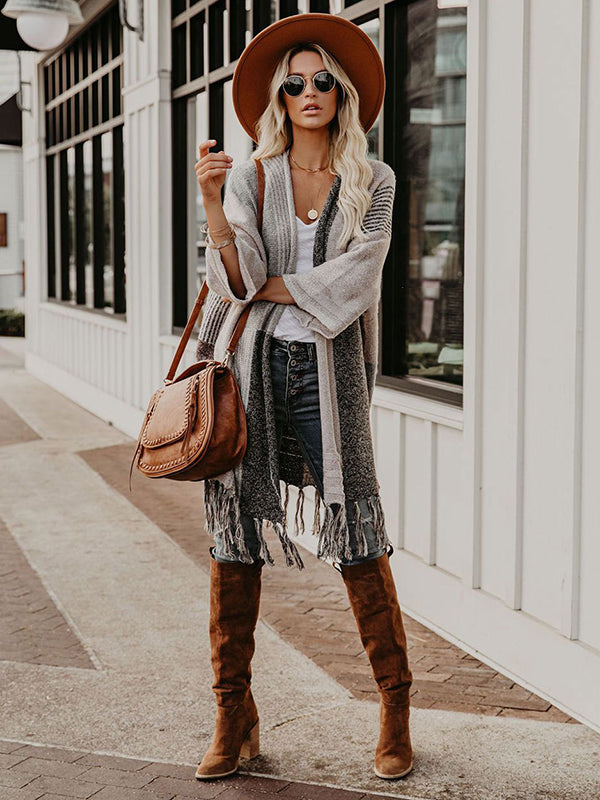 flowersverse Vintage Loose Striped Tasseled Cardigan Tops