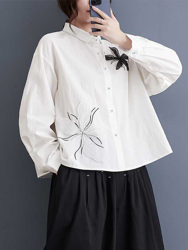 flowersverse Applique Buttoned Embroidered Long Sleeves Loose Lapel Blouses&Shirts Tops