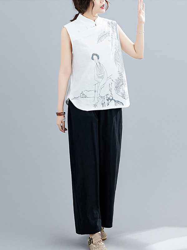 flowersverse Artistic Retro Chinese-Style Printed Buttoned Stand Collar Sleeveless Vest