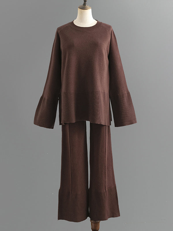 flowersverse Casual Long Sleeves Loose Solid Color Round-Neck Sweater Tops & Wide Leg Pants Two Pieces Set