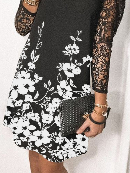 flowersverse Floral Casual Lace V Neck Long Sleeve A-Line Dress