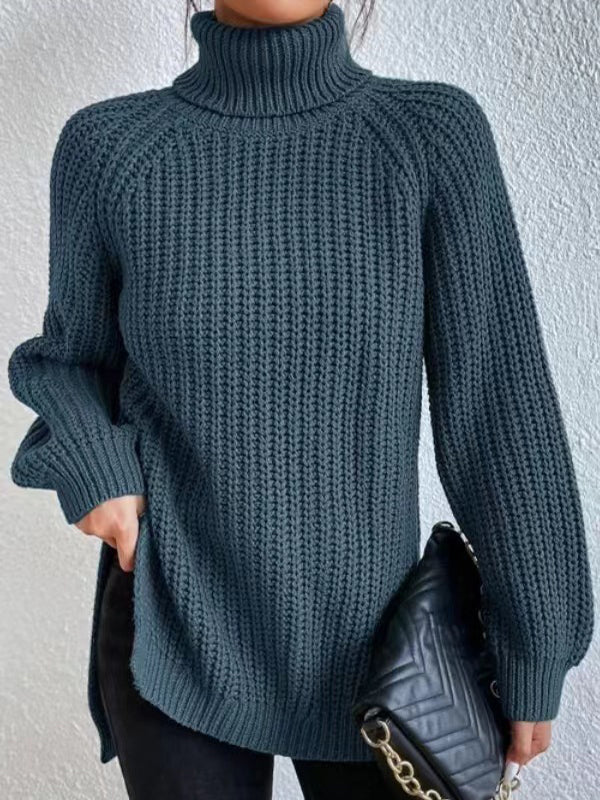 flowersverse Solid Color Split-side Long Sleeves Loose High Neck Sweater Tops Pullovers