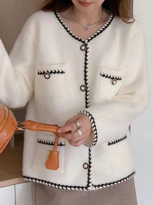 flowersverse Buttoned Pockets Long Sleeves Loose Round-Neck Cardigan Tops