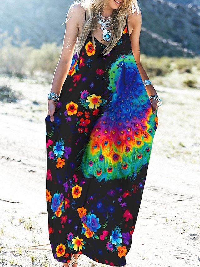 flowersverse Women's Long Dress Maxi Dress Casual Dress Swing Dress Graphic Casual Classic Vacation Beach Pocket Print Sleeveless Spaghetti Strap Dress Regular Fit Light Yellow Yellow Blue Spring Summer XS S M L