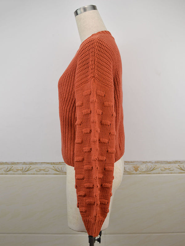 flowersverse Hollow Solid Color Long Sleeves Loose Round-Neck Sweater Tops Pullovers Knitwear