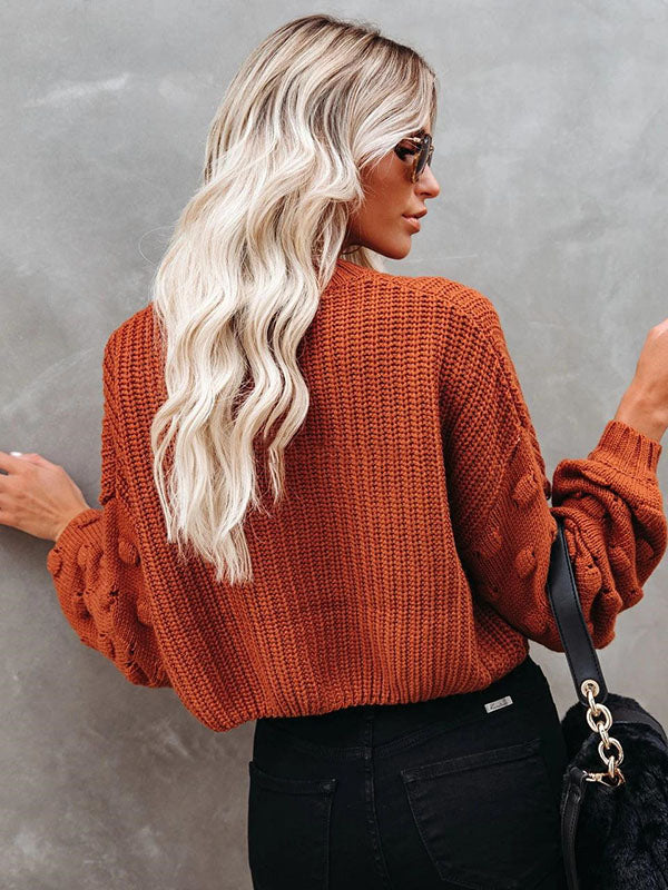 flowersverse Trendy Tops Puff Sleeves Loose Solid Color Round-Neck Sweater Tops