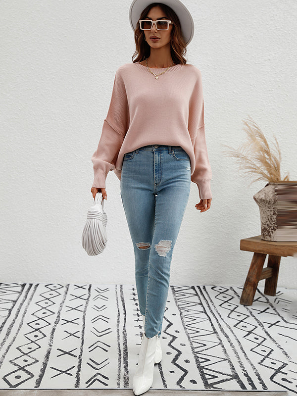 flowersverse Casual Long Sleeves Loose Split-Side Solid Color Round-Neck Sweater Tops