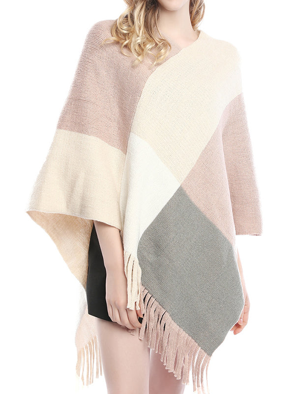 flowersverse Asymmetric Color-Block Tasseled Loose V-Neck Shawl&Cloak Cape