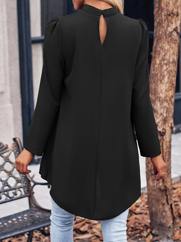 flowersverse Solid Color Split-Joint False Two High-Low Mock Neck Blouses&Shirts Tops